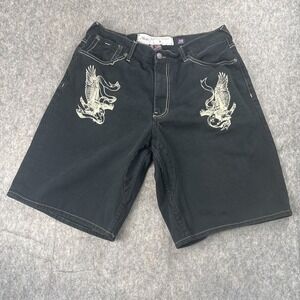 AKOO Men's Black Denim Shorts Size 38 Embroidered Y2K Hip Hop Streetwear